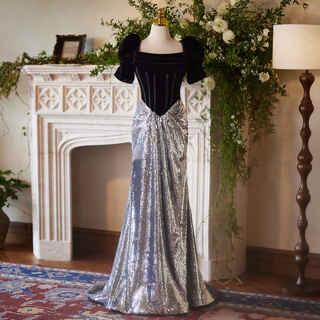 ベロア＆グリッター異素材ミックスドレス　D0200