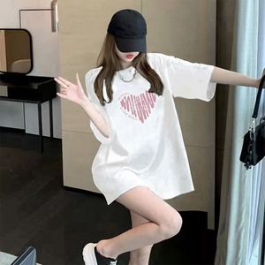 ハートロゴ Tシャツ レディース 半袖 トップス 春夏秋 おしゃれ 大人 かわいい きれいめ ロング カジュアル 大人可愛い 大人女子