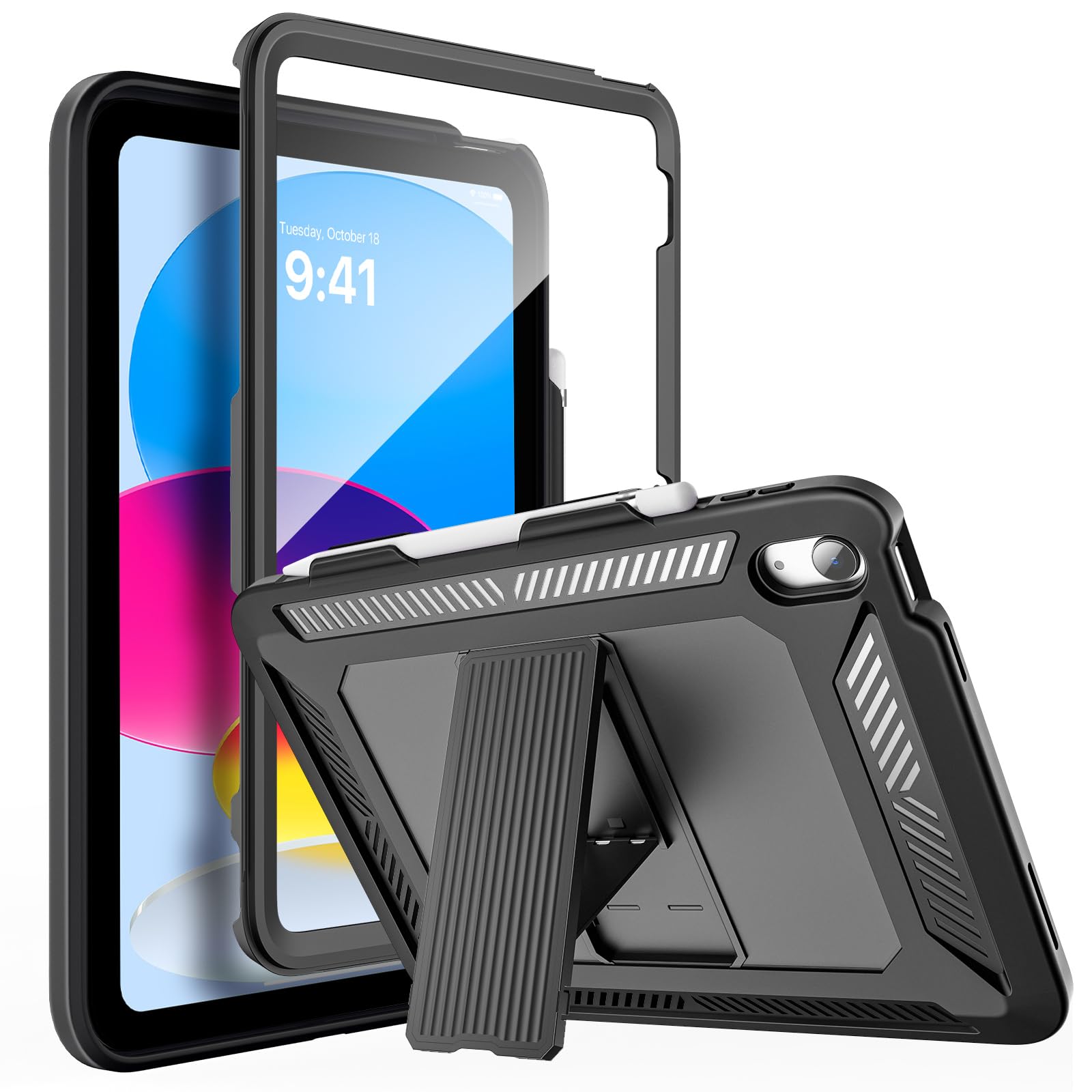 MoKo iPad (A16) ケース iPad 第11/10世代 11/10.9インチ 全面保護カバー ペンシル収納 フィルム付き Black