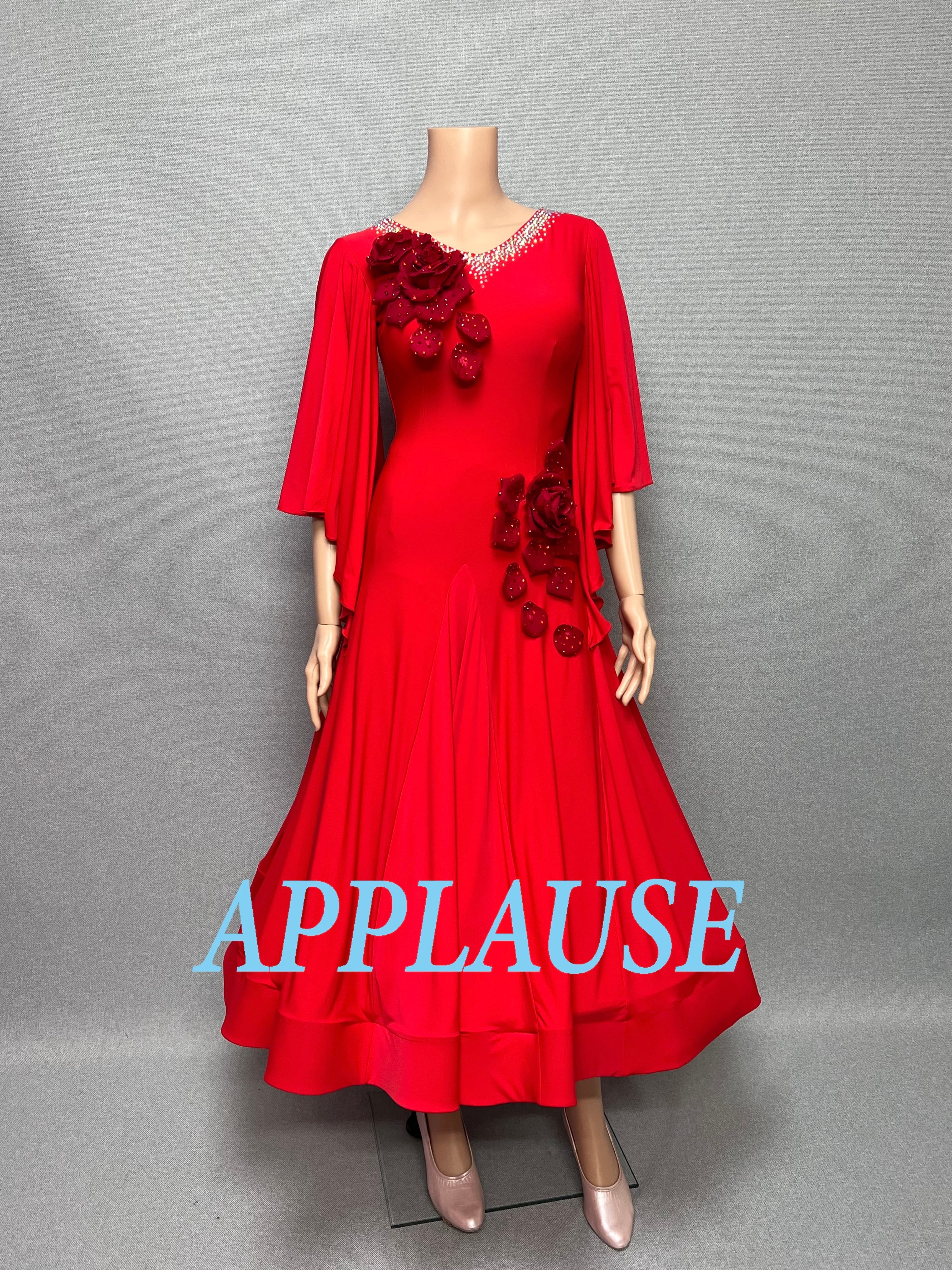 【新着】社交ダンス ドレス　モダン　スタンダード ドレス　ST-26-４　レッド（バラ）　M〜L　デモ・競技用ドレス　発表会　衣装　パーティドレス　ワンピース　舞台衣装