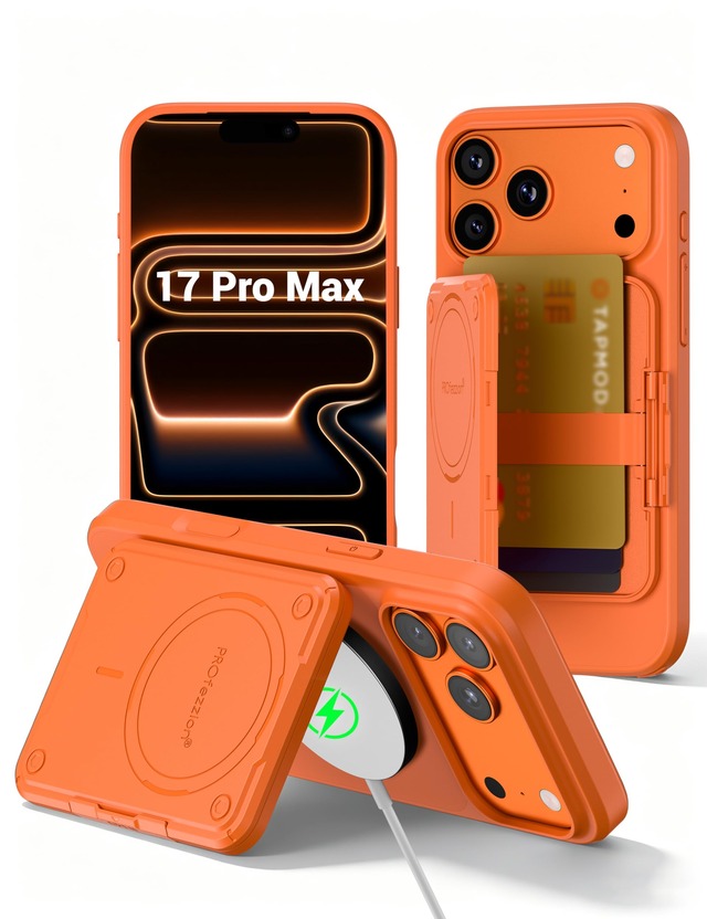 【取り外し不要、ワイヤレス充電可】PROfezzion iPhone 17 Pro Max ケース Magsafeカード収納ケース 背面 【3枚収納 スキミング防止】 装着したままワイヤレス充電可 スマホスタンド機能 両面磁気 落下防止 耐衝撃 擦り傷防止 指紋防止 iPhone 17 Pro Max カードケース 手帳型(オレンジ)