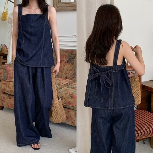 【予約販売】セットアップ レディース デニム ワイドパンツ ノースリーブ 上下 カジュアル 体型カバー こなれ感 大人可愛い シンプル おしゃれ 韓国 通勤 旅行 バカンス 春 夏 秋 トレンド フリー