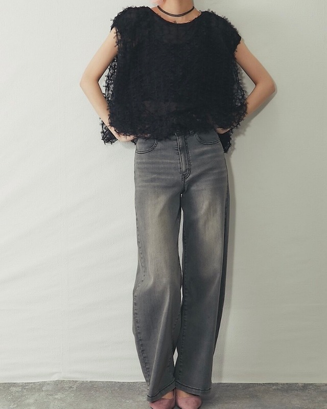 sheer tulle vest blouse with ribbon detail