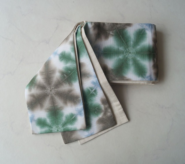 【つゆくさ・半幅帯】勿忘草色×常磐緑×銀煤竹　雪花絞り半幅帯 No.2400717①