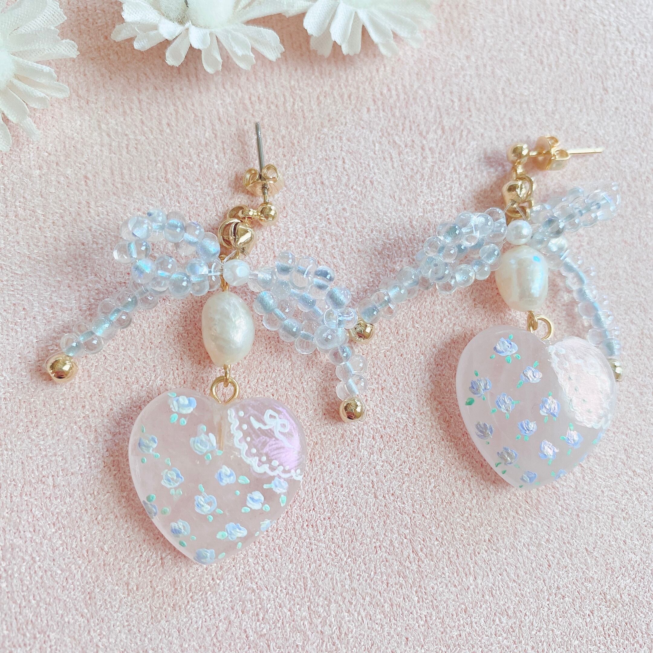 Snowing winter hand painted earrings (BLUEピアス）