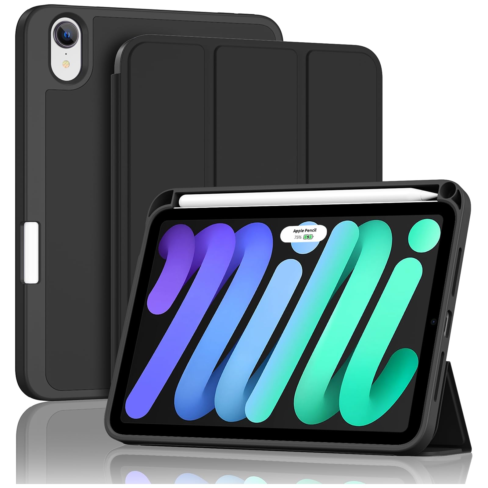 ProCase iPad Mini A17 Pro 第7世代 (2024発売) Mini6 第6世代 (2021発売) ケース 8.3インチ ペンホルダー付き オートスリープ/ウェイク機能 耐衝撃 三つ折りスタンド 適用機種:iPad Mini A17 Pro 第7世代 2024、iPad Mini 6世代 2021 - ブラック
