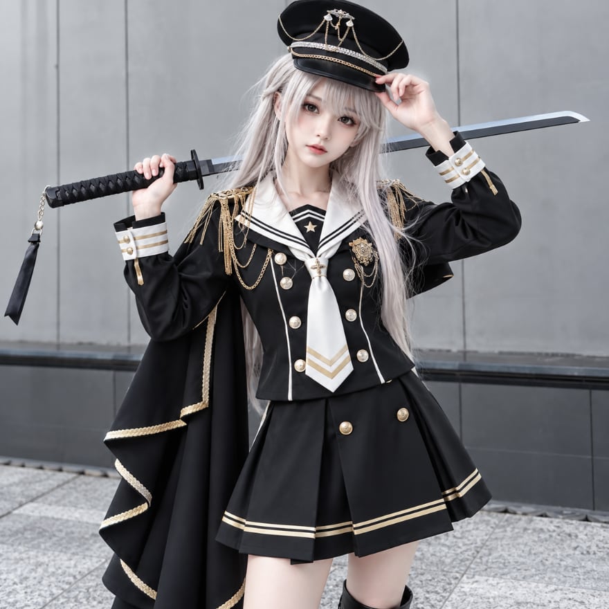 星冠の少女 長袖セーラーと39cmミニ丈の軍服ロリータ3点セット