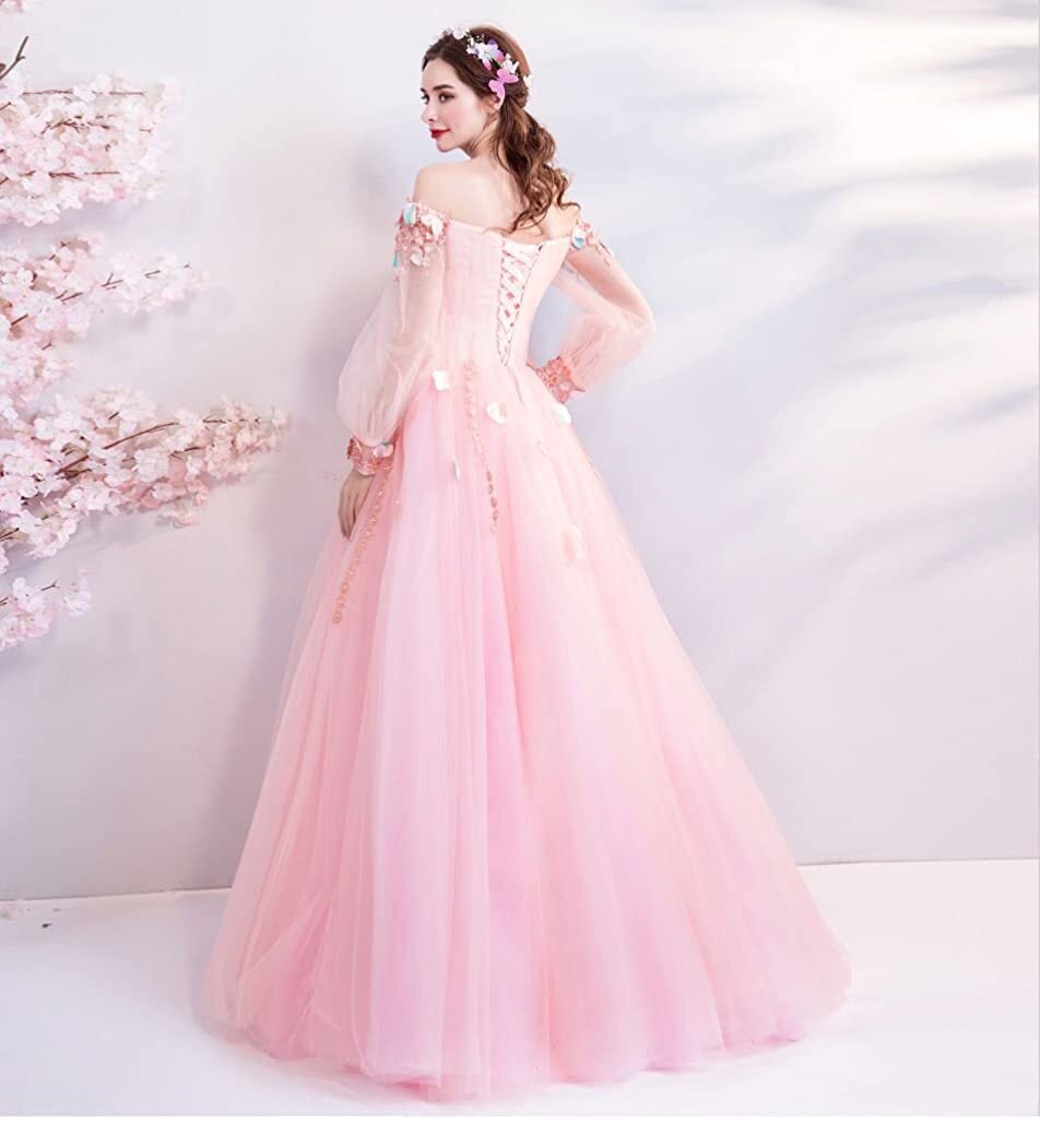 ドレス ふんわり カラードレス 肩出し マキシ丈 ワンピース 花付き