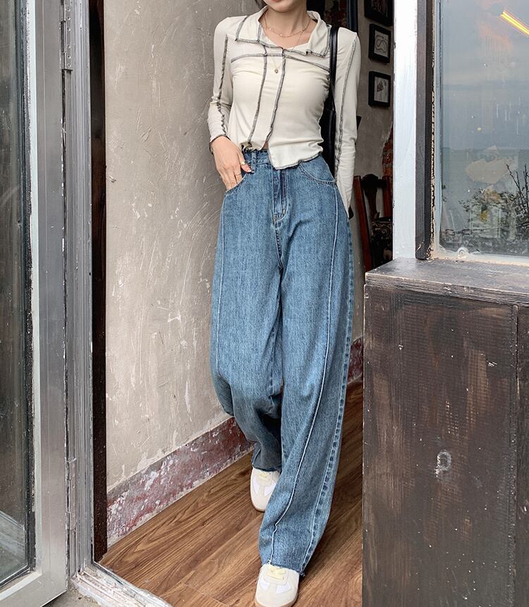 スタイルハイウェストウェストジーンズ スプリングオータムルーズワイドレッグパンツ 春物 秋物 ワイドパンツ モンロー59250655918