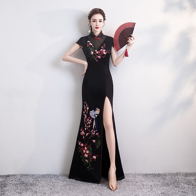 改良型チャイナドレス パーティードレス ロング丈ワンピース ロングドレス 女子会 二次会 お呼ばれドレス 発表会 大きいサイズ S M L Ll 3l 4l チャイナ風ドレス マーメイドライン ブラック 黒い 刺繍 Elegant