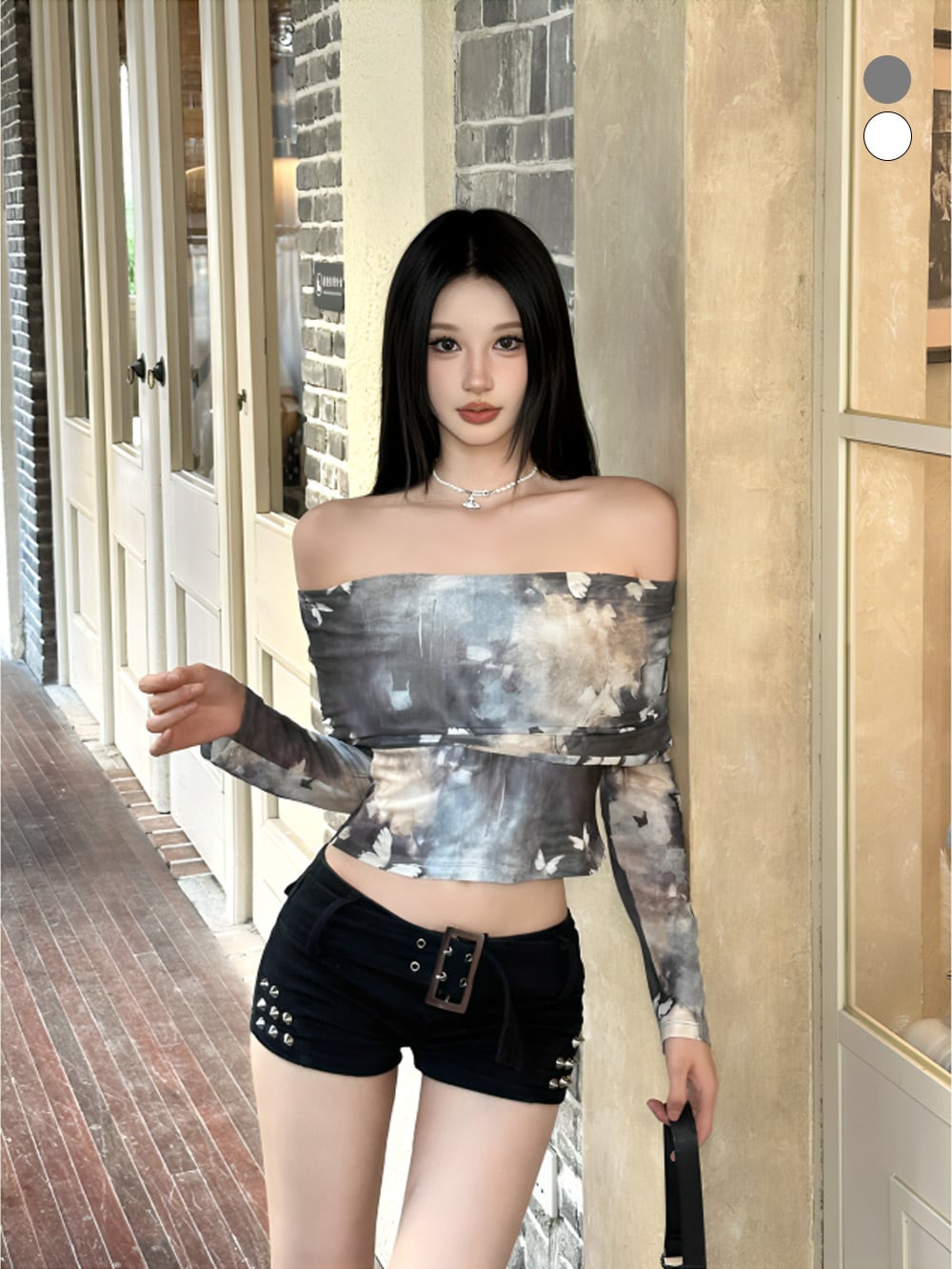 バタフライアート2wayオフショルダーロングスリーブトップス