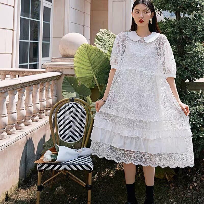 エルマノシェルビーノレース切替ガーゼワンピースオーバーサイズラミー白