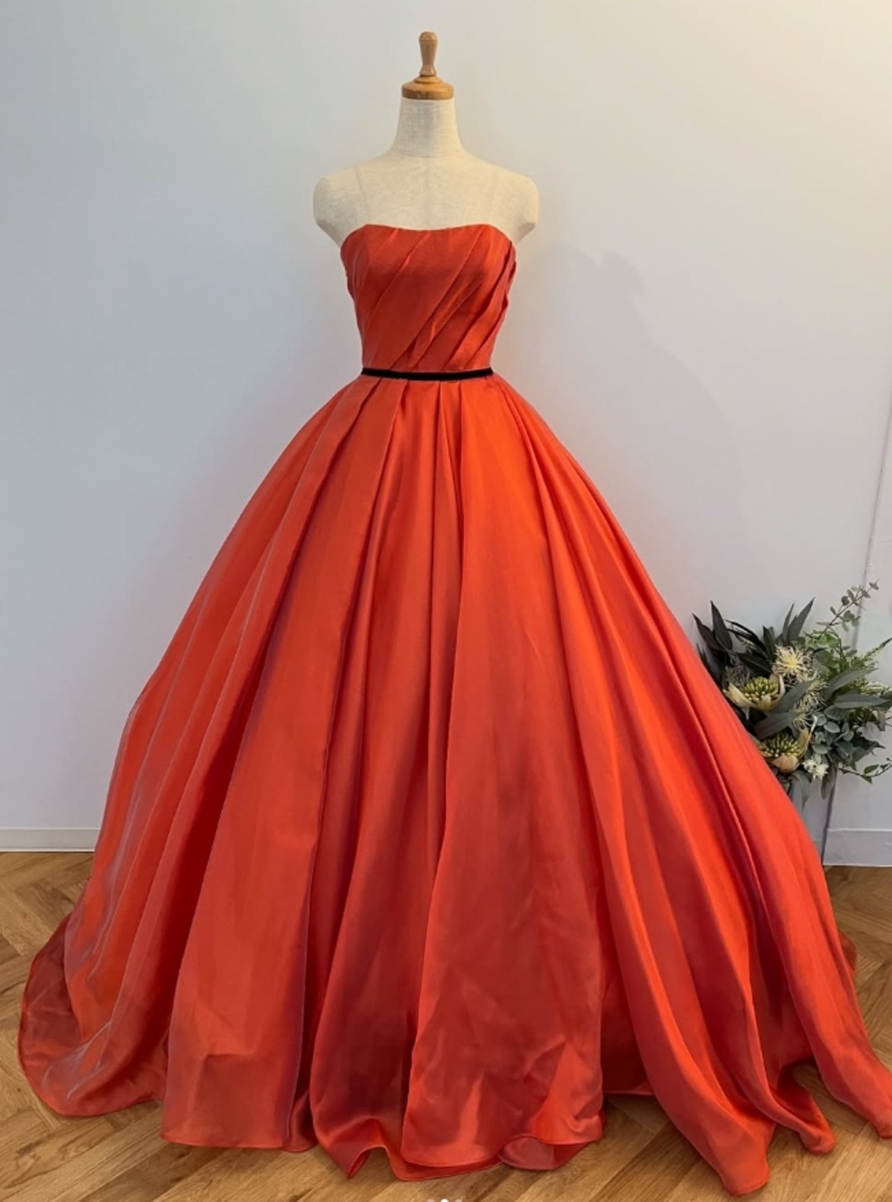 パーティードレス ベアトップ オレンジ 編み上げ 高みせ ブライダル  