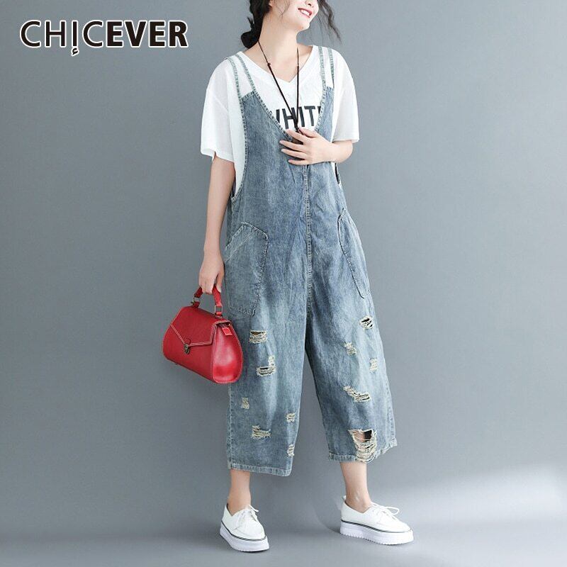 CHICEVERストリートスタイルデニムロンパースノースリーブルーズリップドホールワイドレッグジャンプスーツレディース2020スプリングタイド 春物 ワイドパンツ 6base515808122173