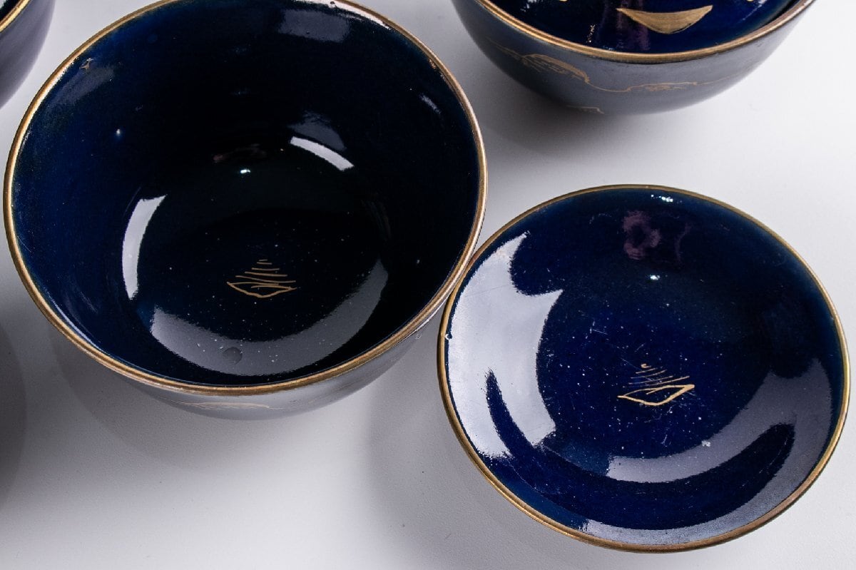 工芸品 【うつわ】 古伊万里 瑠璃釉金彩山水文蓋茶碗 10客 明治時代