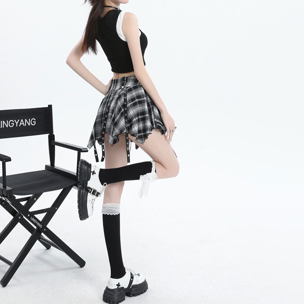 【送料無料】 チェック柄 ミニスカート アシンメトリー レディース 春夏 韓国 原宿系 ストリート アメカジ 大人 カジュアル かわいい ロック パンク Y2K 裏地付き 大人可愛い 大人女子