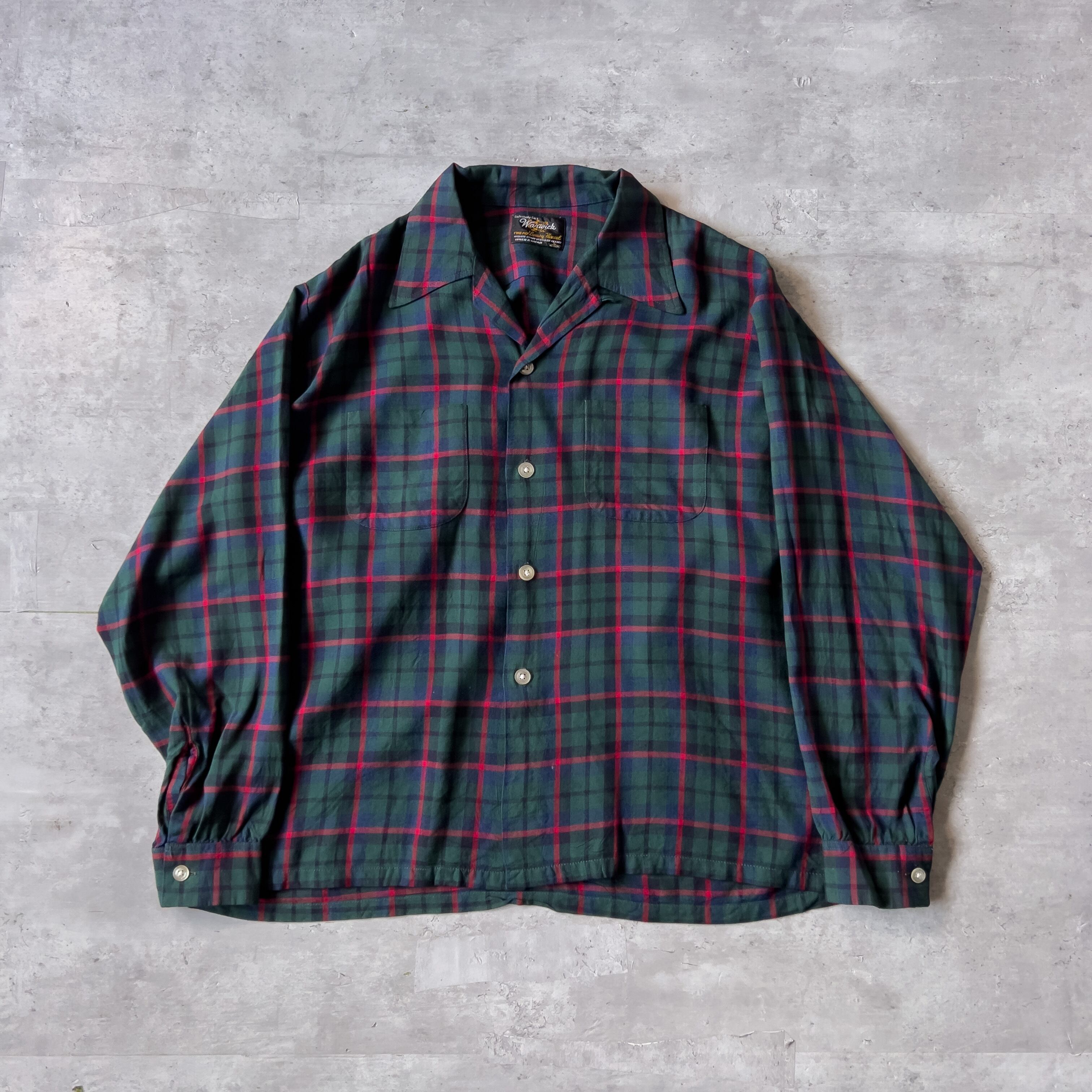 60s “Warwick” open collar box silhouette check pattern shirt viscose rayon  60年代 オープンカラー ボックスシルエット レーヨン チェック柄 長袖シャツ