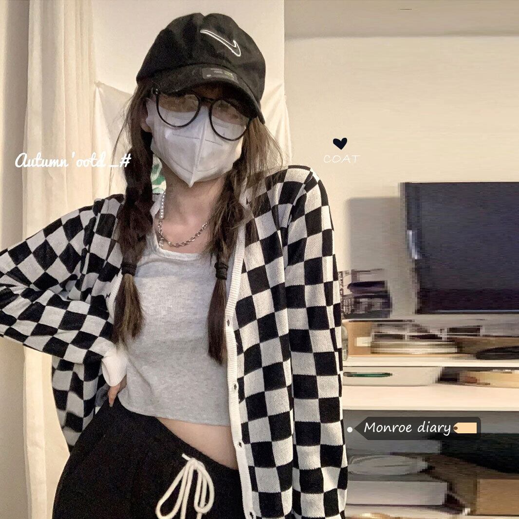 スタンダード格子柄ニットカーディガンスプリングオータム薄手セーター ジャケット スタイル ロング レトロ 春物 秋物 モンロー81539164772