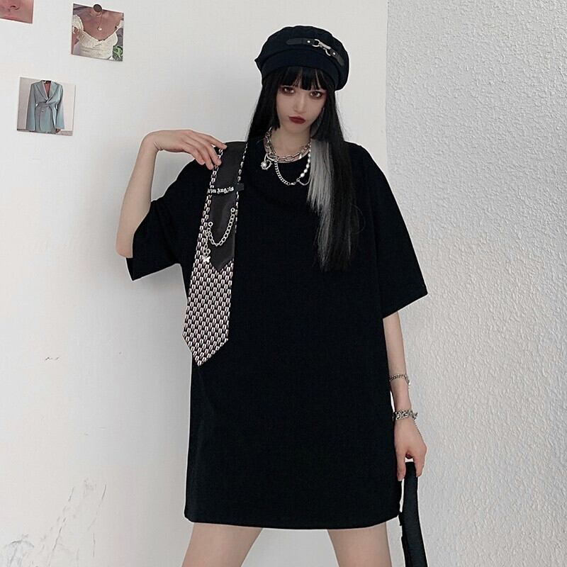 スタイルサマールーズカジュアルTシャツ ダークロングラウンドネックトップス 大きめサイズ かわいい 夏物 Oネック ケッペル70882133388