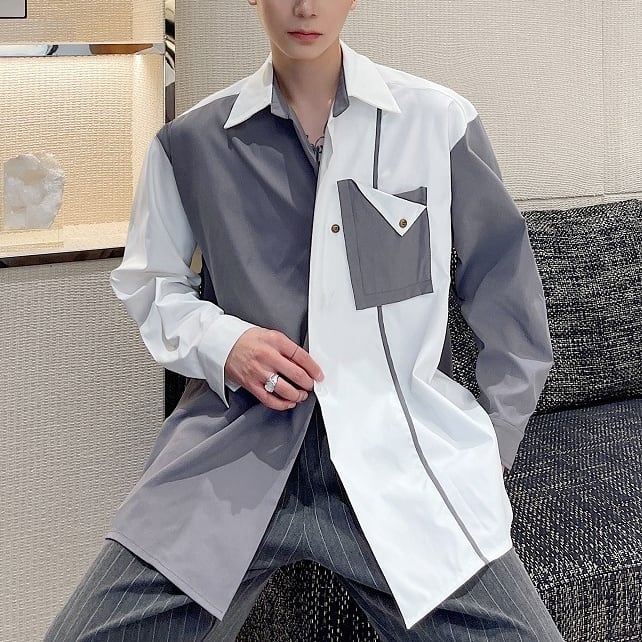 デザインポケットバイカラーオーバーサイズシャツ 2color MTO0389