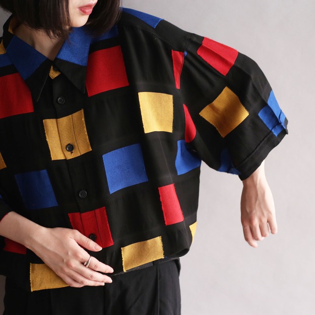 black base multi color square h/s rayon shirt