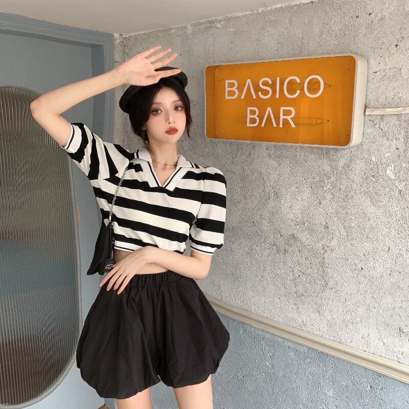 スタンダードスタイルカラーストライプTシャツ シャツ サマーショートルーズ レトロ 夏物 ブラックストロベリース53347118505