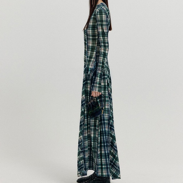 Checkered panel long dress A00094