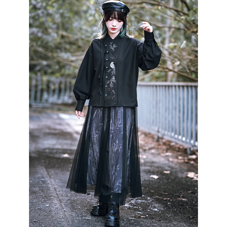 サブカル 服 地雷系 通販 チャイナ風服 古怪舎 スカート チャイナ服 ロングスカート バンブー柄 シアー チュール ハイウエスト エレガント 普段着使い 闇かわいい ファッション