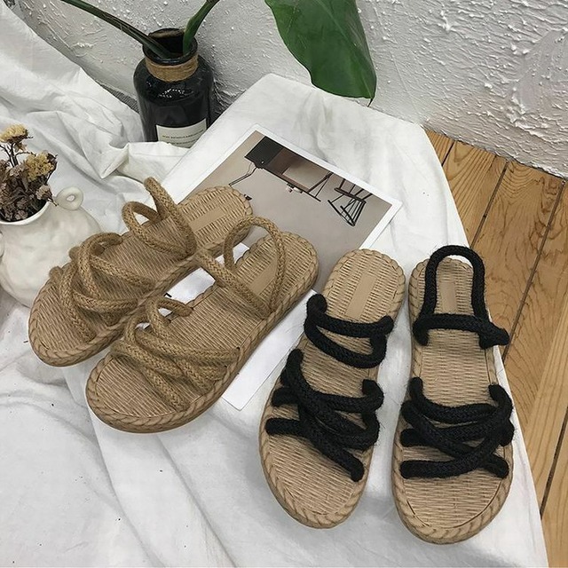 レディース コンフォートフラットサンダル 麻縄ストラップサンダル ぺたんこ 韓国ファッション オルチャン / Comfortable knitting flat sandal shoes tide (DCT-590682149885)