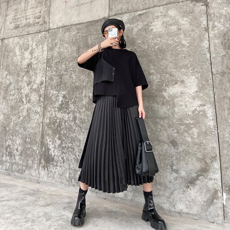 プリーツウェストストレッチサマー ハイウェスト エラスティック 伸縮 夏物 スカート Aライン ステッチ ラブタオタオダレンハウス91918575530