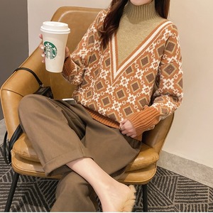 トップス レディース ニット 長袖 3色 ハイネック タートルネック ロングカフス スタンドカラー 北欧 幾何学 切り替え フェイクレイヤード オーバーサイズ ロングカフス メロウ キュート ウェーブデザイン 大人可愛い きれいめ シンプル カジュアル 大人 上品 M L XL 2XL ホワイト ブラック 夏 20代 30代 オフィス ビジネス OL 通勤 普段使い 韓国 ファッション 薄手 送料無料