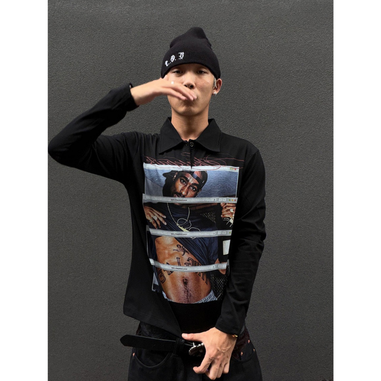 VINTAGE ストリート Thug Life グラフィック ポロロングTシャツ T2244