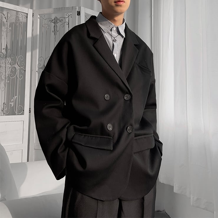 【予約販売】テーラードジャケット 無地 アウター メンズ ダブルボタン ブラック グレー カジュアル こなれ感 お洒落 韓国トレンド 春 秋 大きいサイズ M/L/XL/2XL/3XL/4XL/5XL