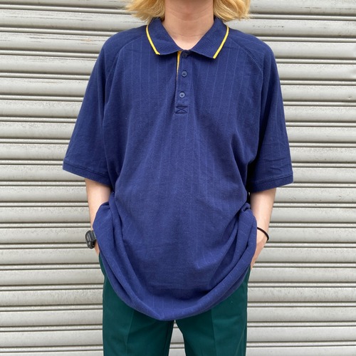 90s adidas アディダスゴルフ 半袖ポロシャツ ストライプ 紺 XL