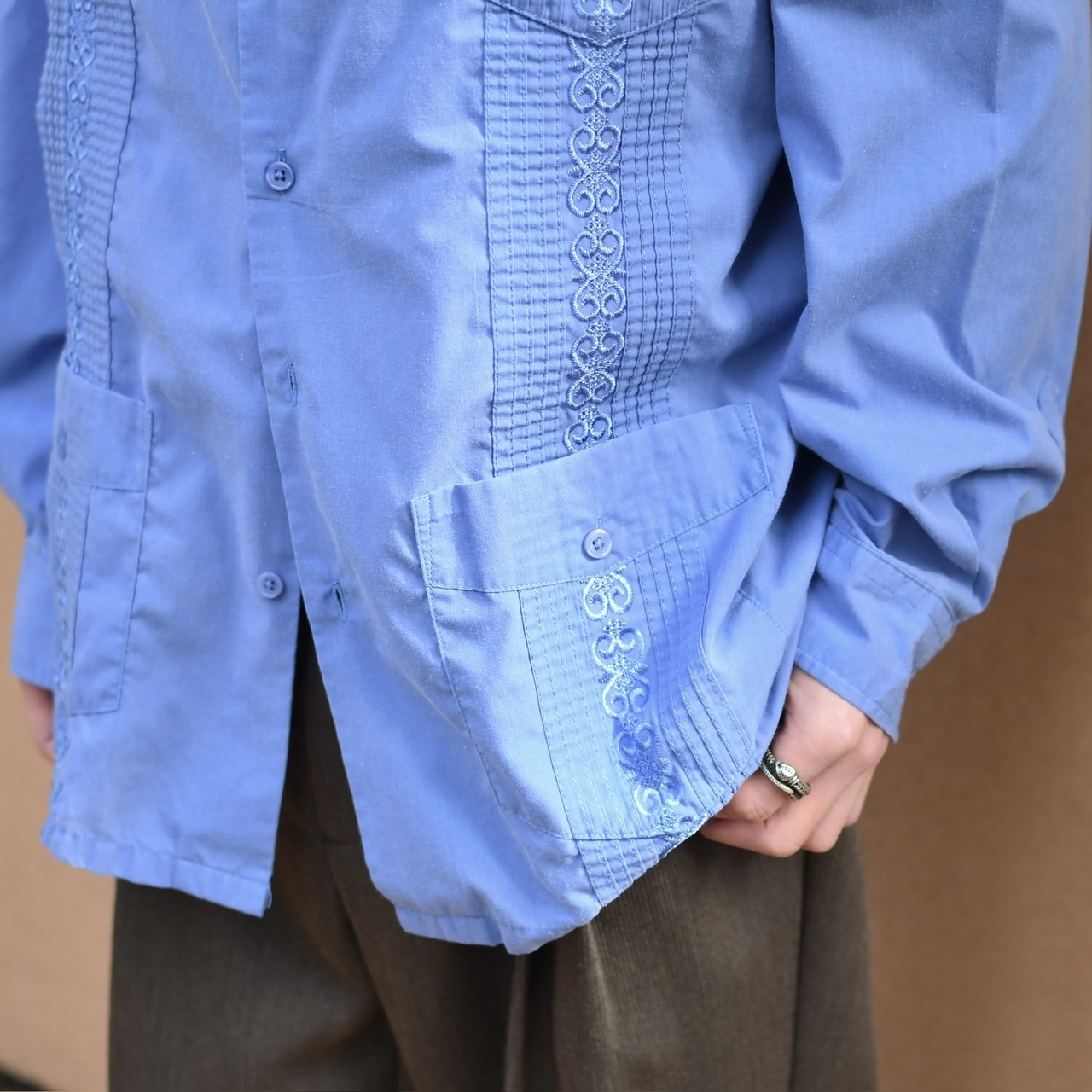 embroidery design long sleeve cuba shirt blue