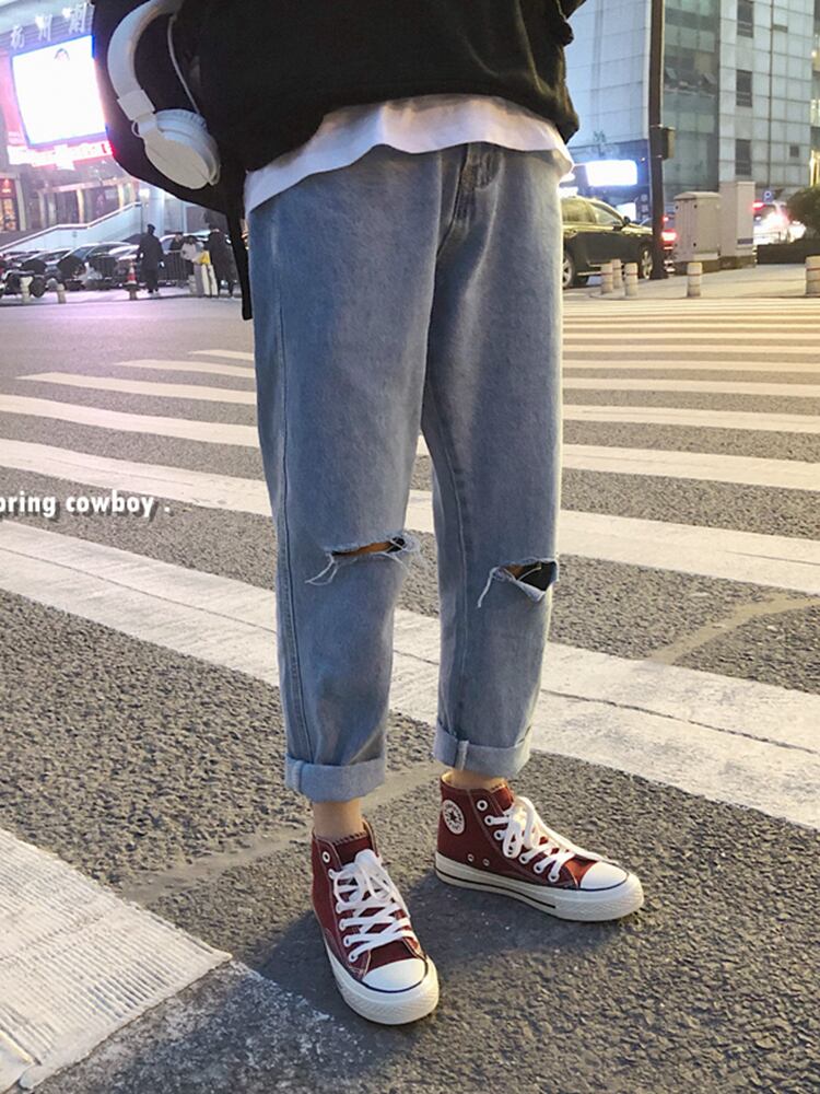 全1色 デニム パンツ ストレート カジュアル ダメージ おしゃれ