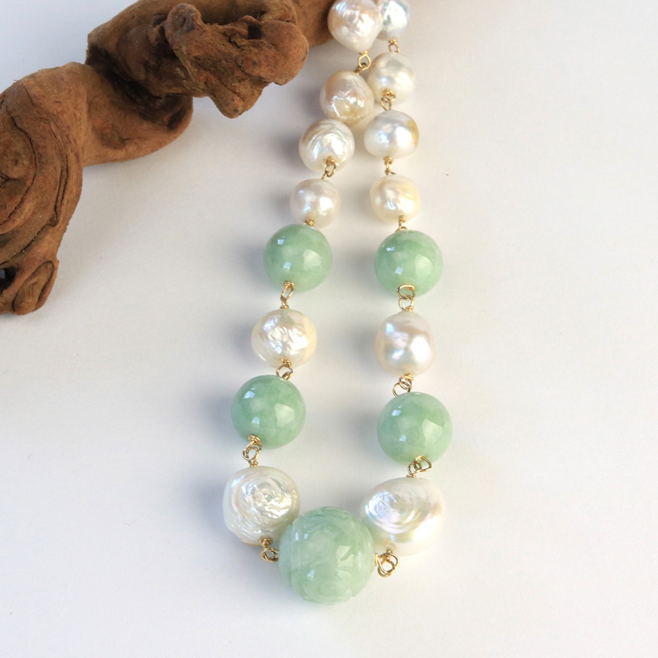 ボリューム感アップ！MeiNu(メイニュウ)オリジナル！ 淡水パール 翡翠 ネックレス jd_ne1086