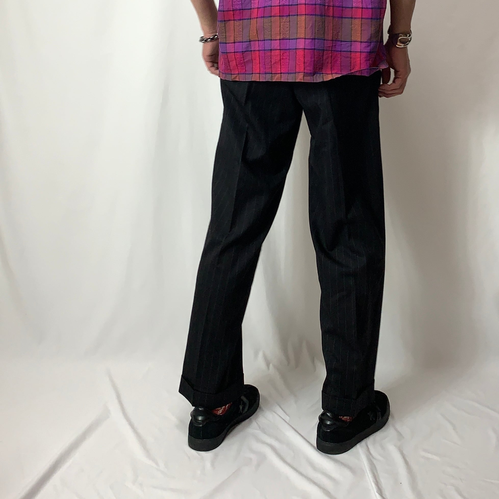 old CHAPS Ralph Lauren Summer Wool Slacks Pants Pinstripes チャップス ラルフローレン  サマーウールスラックスパンツ 2タック ピンストライプ ブラック×グレー size W32 メンズ レディース ビンテージ ヴィンテージ