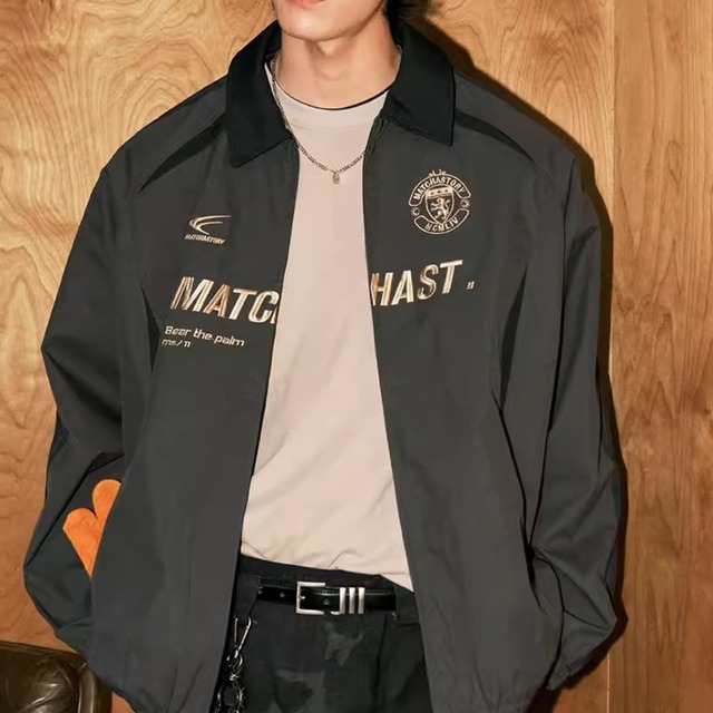 Retro Colorblock Racing Jacket – Embroidered Collar Loose Baseball Jacket (FD050)