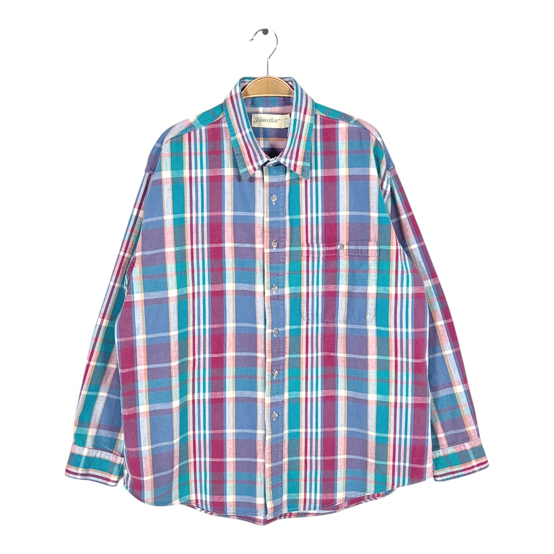 90s セントジョンズベイ USA製 ヴィンテージ フランネルシャツ マドラスチェックカラー ST JOHN'S BAYYVES サイズXL 古着 CA1556