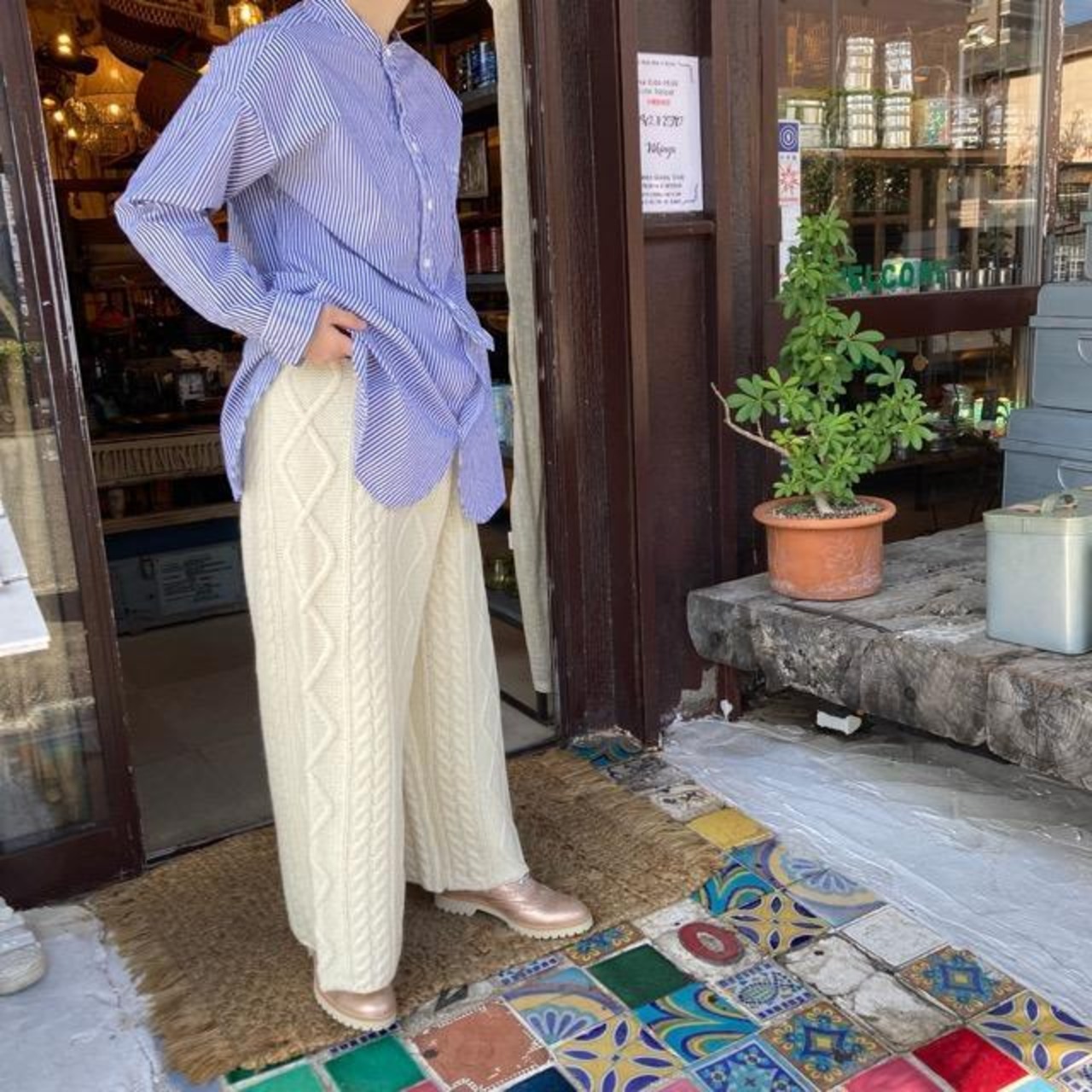 ichi(イチ)　アラン編ニットパンツ　ホワイト