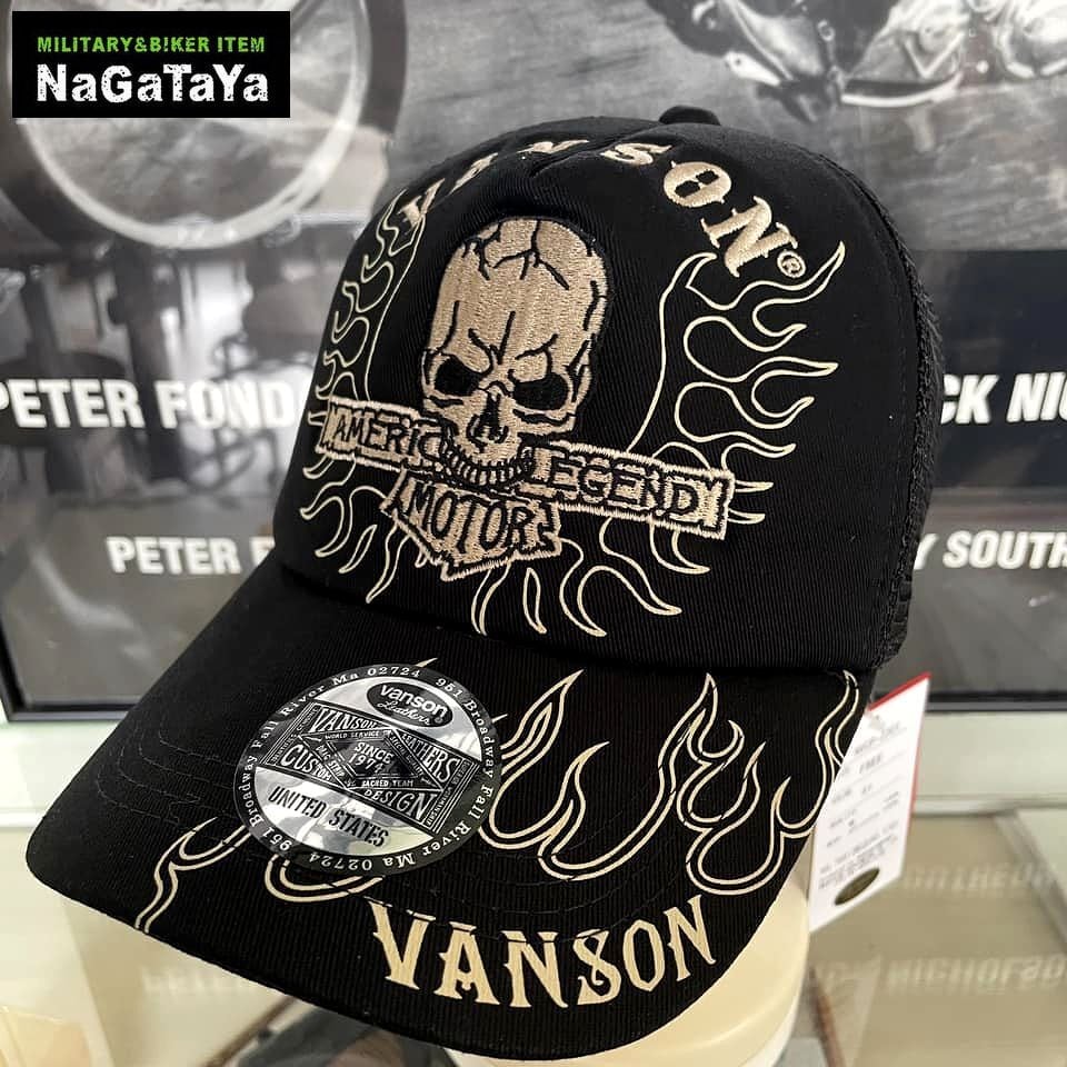 VANSON バンソン ファイヤースカル刺繍 ツイル メッシュキャップ 帽子 メンズ フリーサイズ NVCP-2301 バイカーキャップ  MB3Nagataya