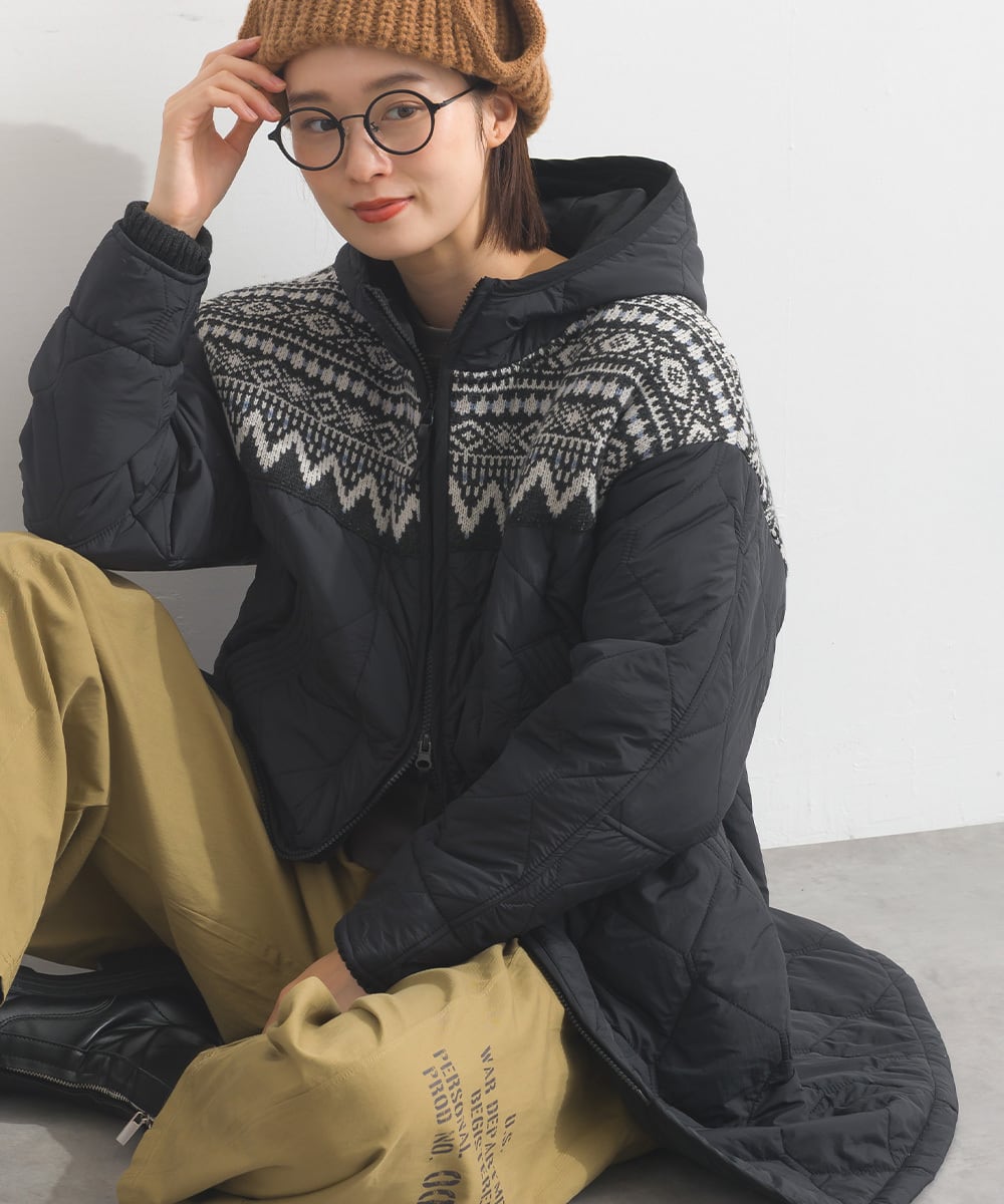 K53123 キルティングジャカードニット切替ZIPロングパーカー / Quilted