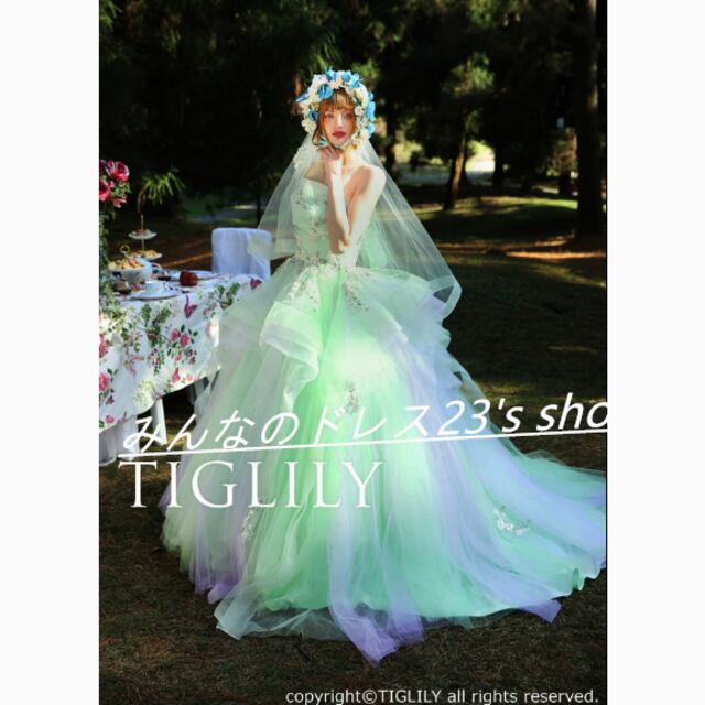 カラードレス 薄グリーン ソフトチュール エアリー感 ベアトップ  