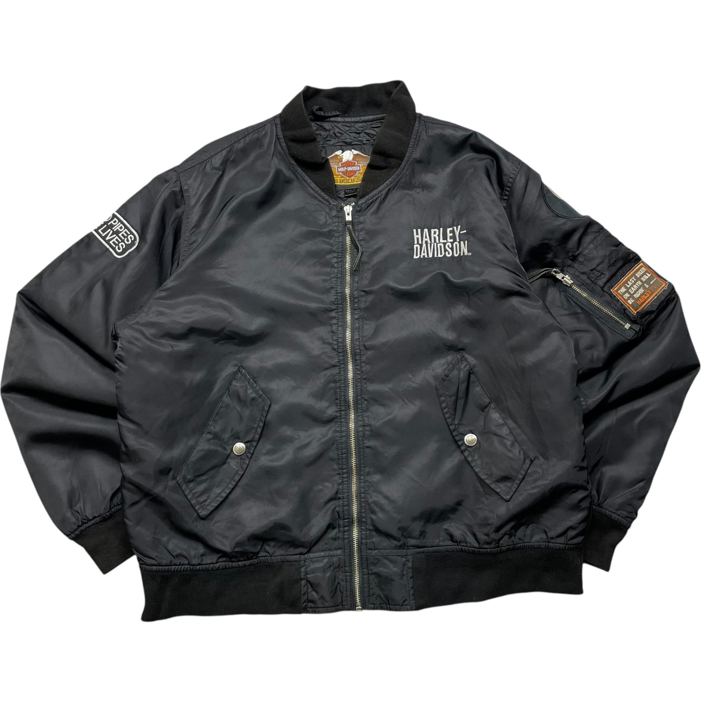 《L》 Harley-Davidson ハーレーダビッドソン ma-1 ナイロンジャケット 8ボール 刺繍 バックロゴ ブラック USA製 90年代〜 no.4859