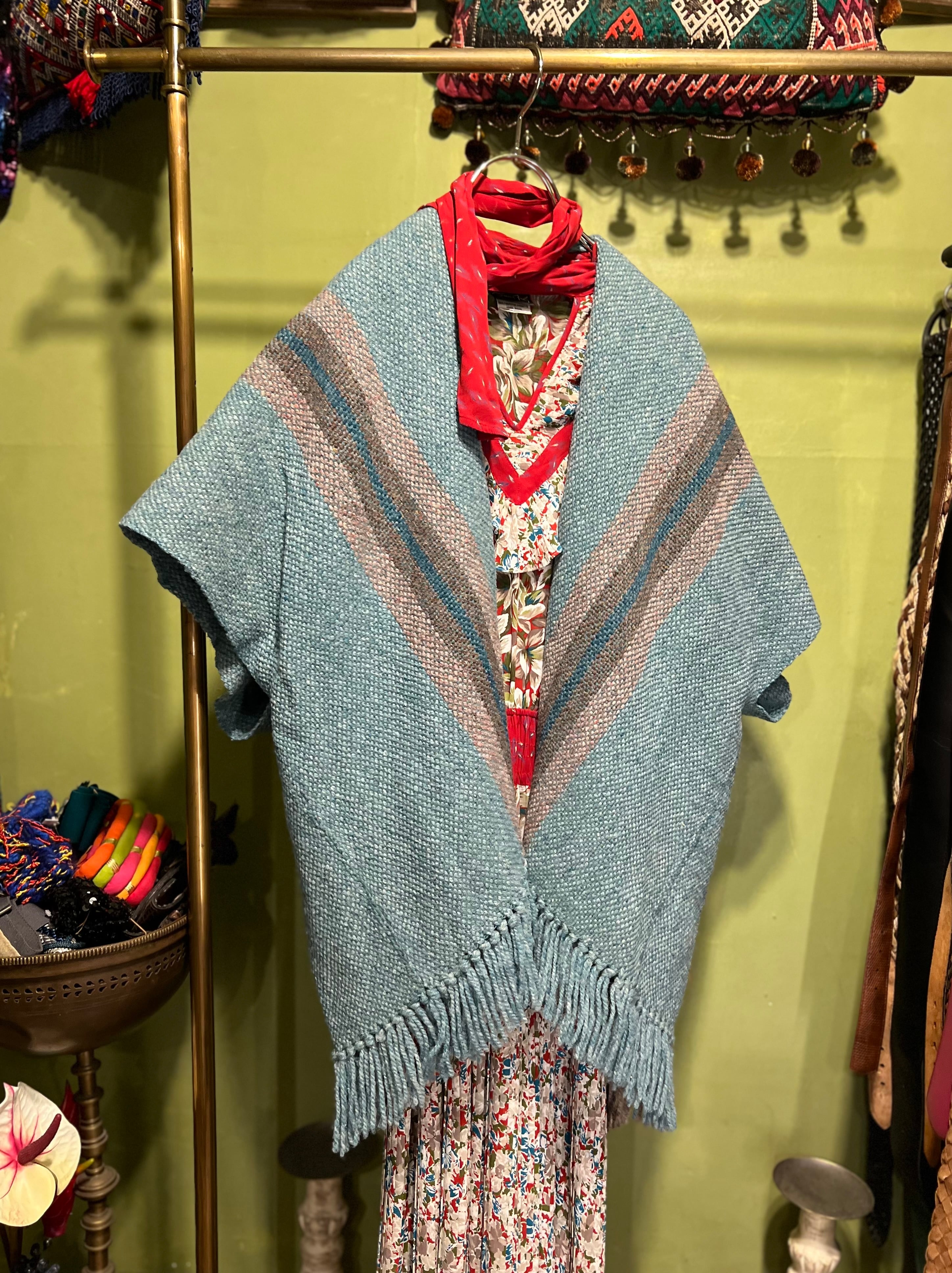 Vintage Mexican gray blue × stripe shawl haori ( ヴィンテー ジ メキシカン ブルーグレー ×ストライプ  ショール 羽織り)