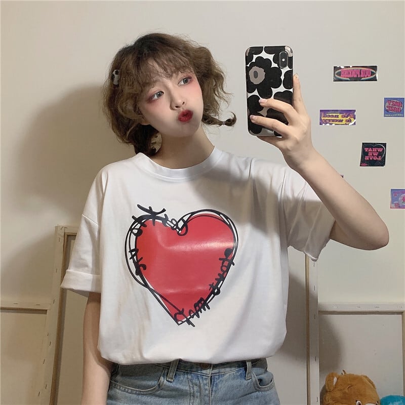 tops】Tシャツハート柄プリント韓国系ラウンドネック気分転換 | nanastyle