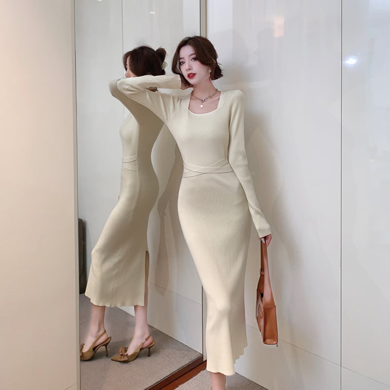 【dress】スクエアネックニットワンピース Q7577