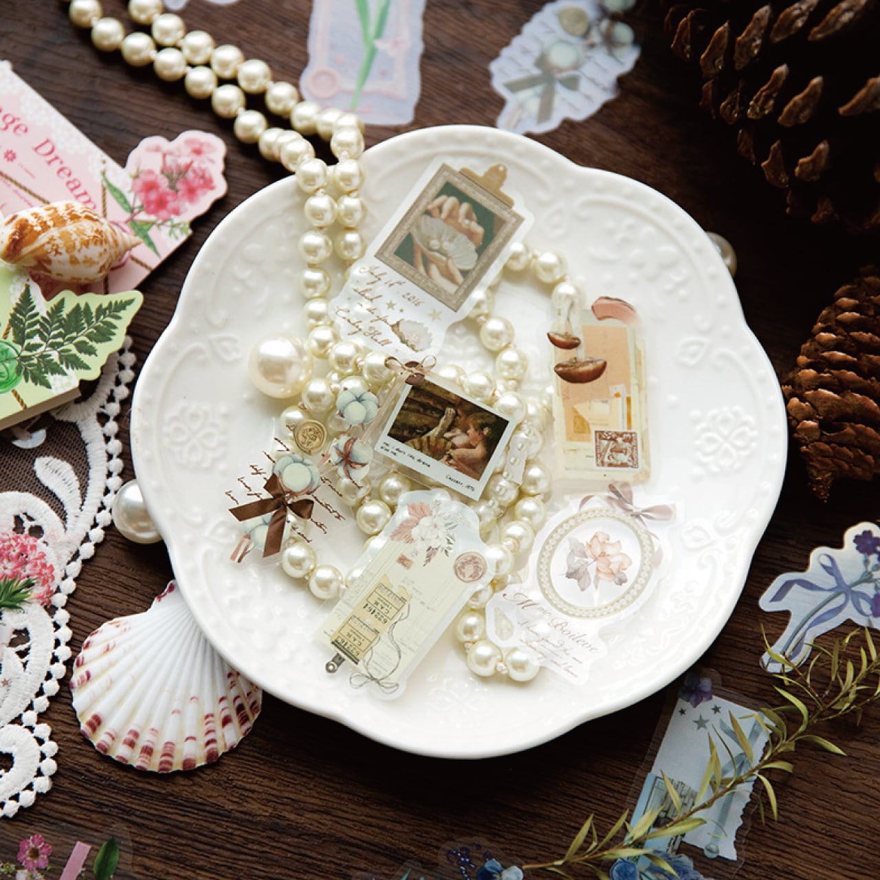 コラージュ素材 ステッカー シール 全4種 30枚入 ピンク 花 緑