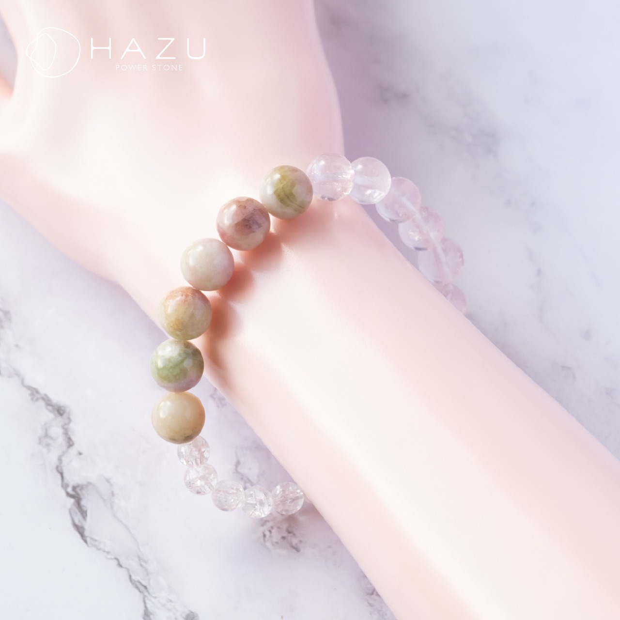 重なり合う花咲くブレス［ウォーターメロントルマリン／ローズクォーツ／クラック水晶］